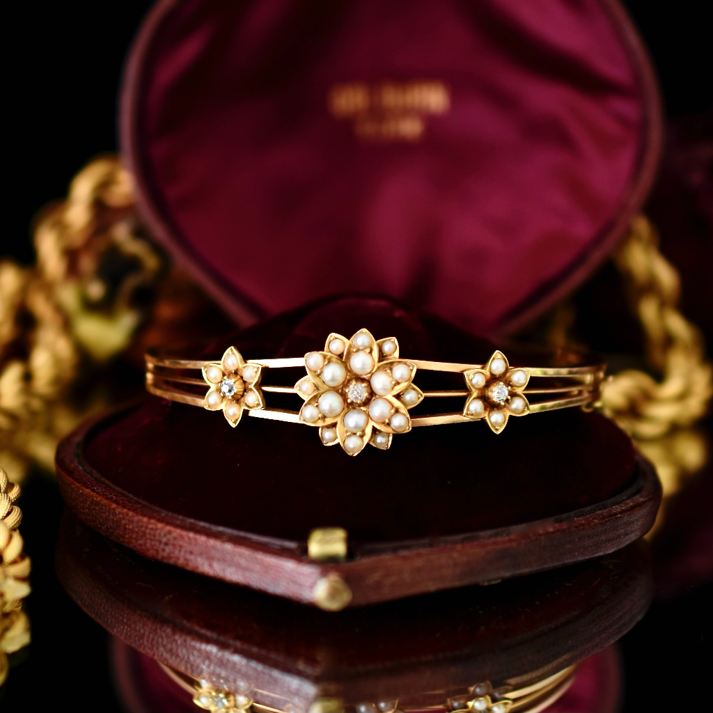 Antique Edwardian 15ct Rose Gold Pearl And Diamond Bangle Circa 1905