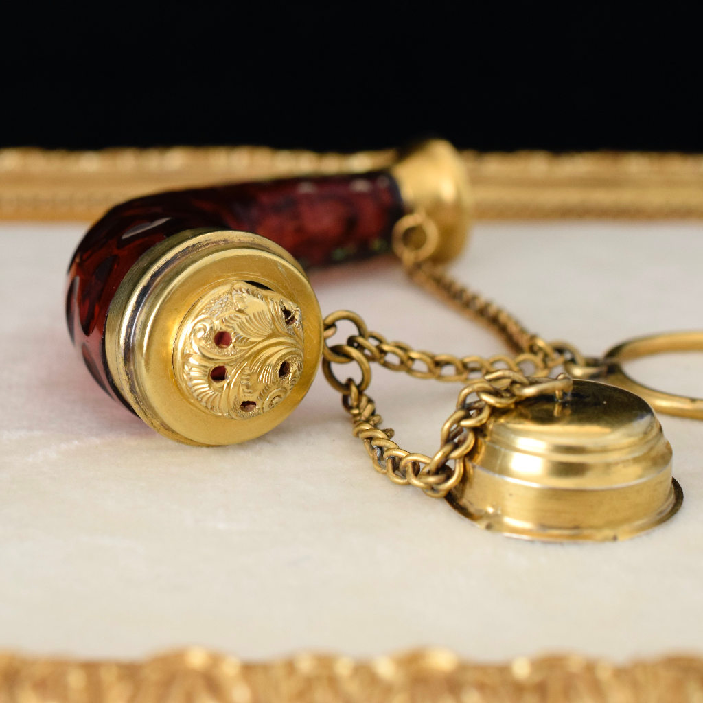 Antique Victorian Ruby Glass Scent Bottle / Vinaigrette Combined - Circa 1890