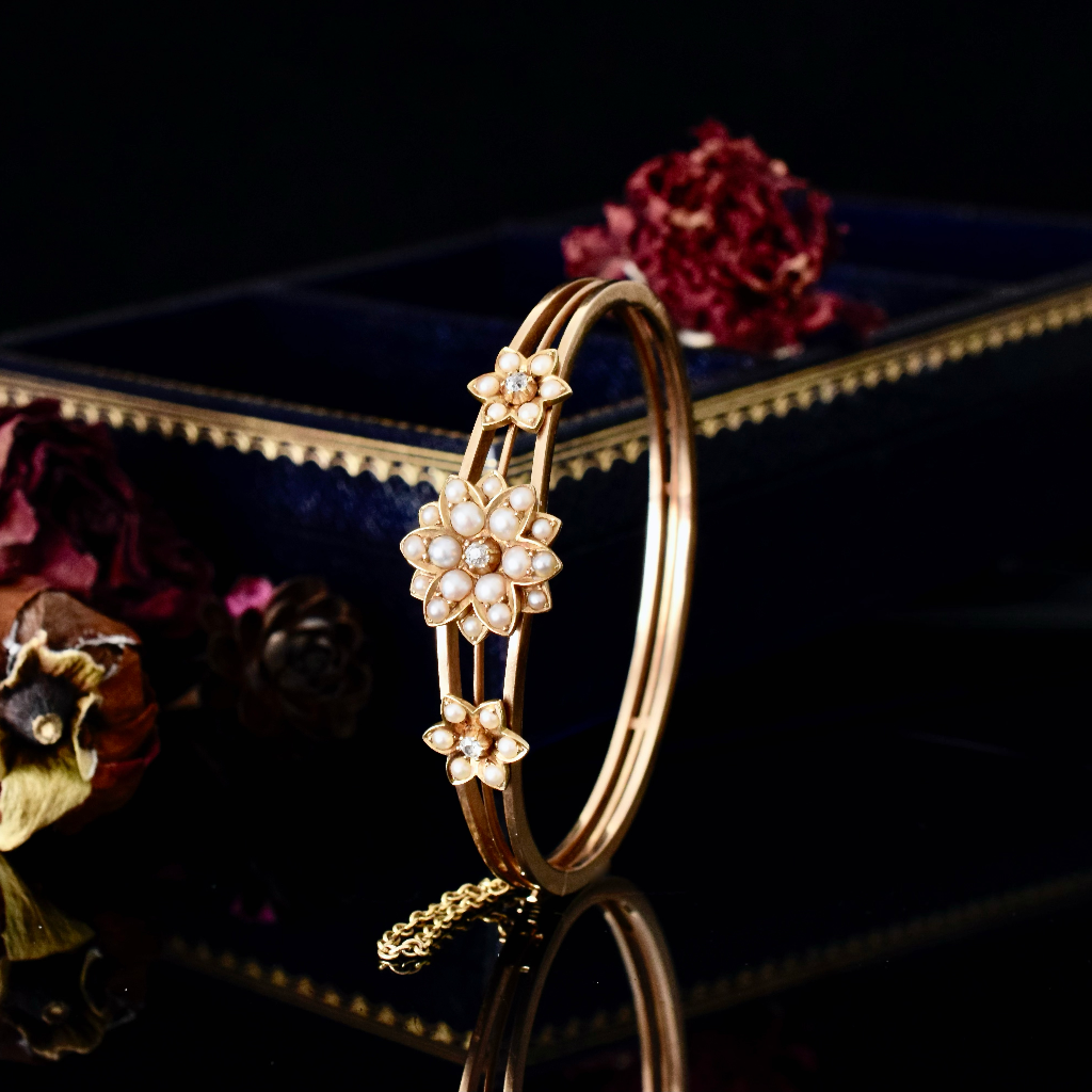 Antique Edwardian 15ct Rose Gold Pearl And Diamond Bangle Circa 1905