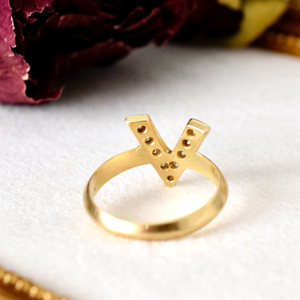 Modern 18ct Yellow Gold Diamond Initial ‘V’ Ring