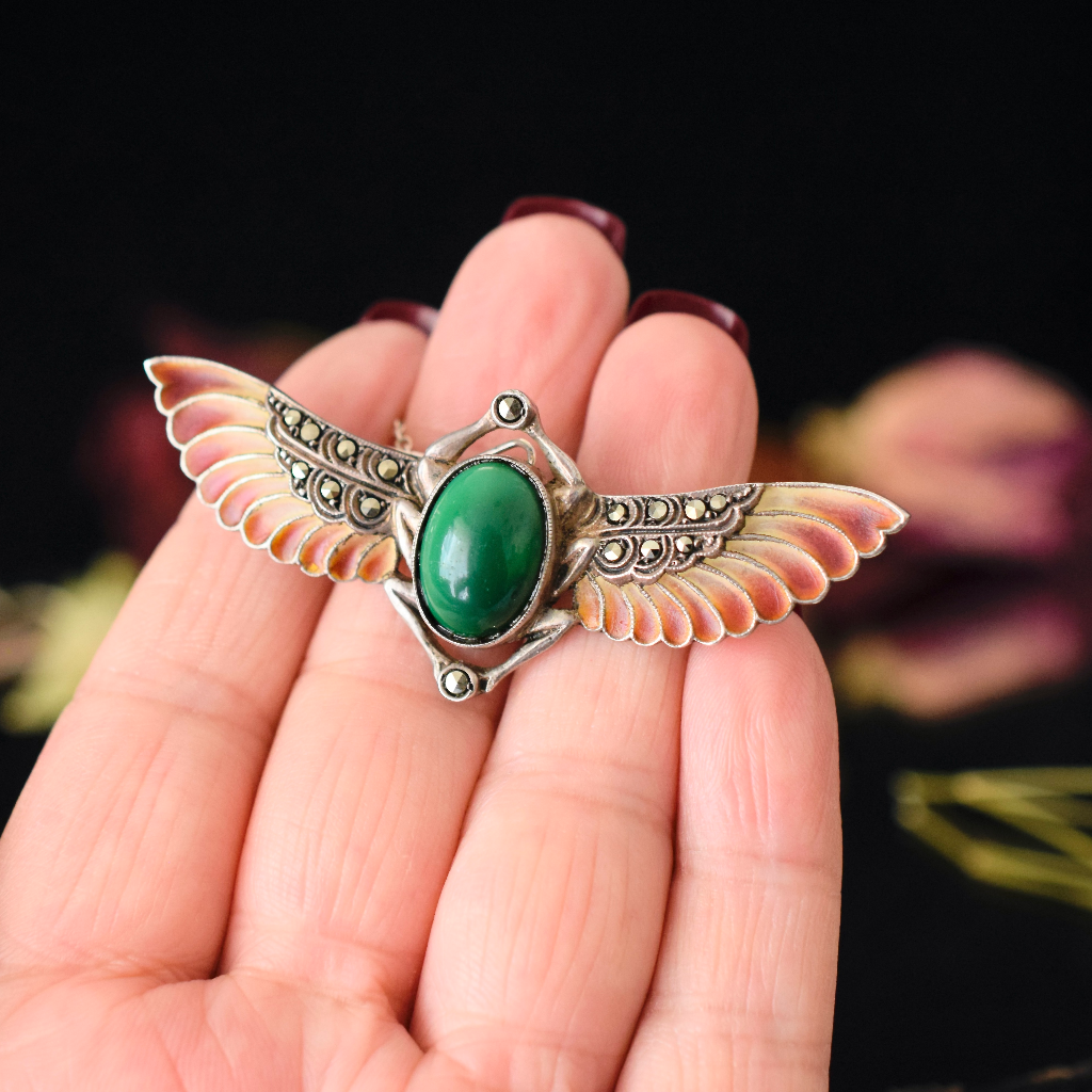 Austrian Art Deco Egyptian Revival Plique à Jour Winged Scarab Brooch Circa 1930
