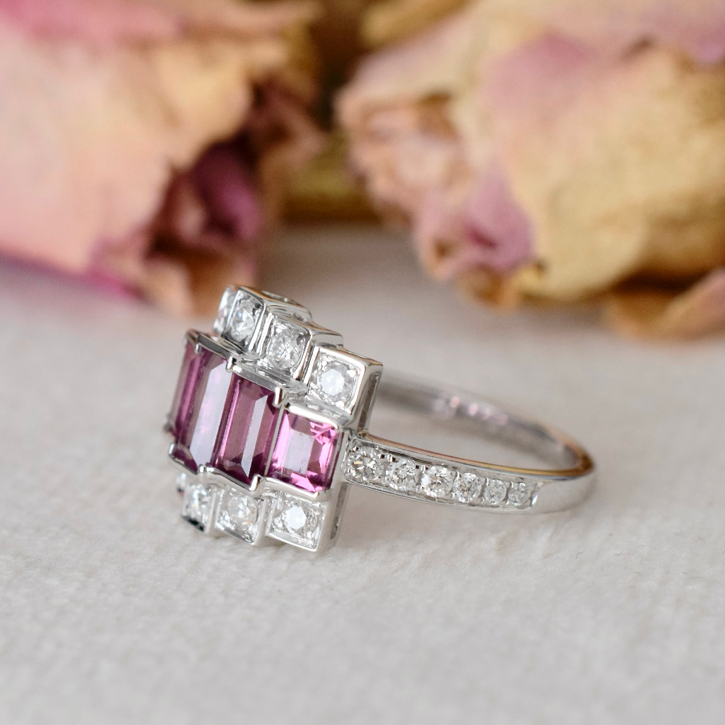 Modern 14ct White Gold Rhodolite Garnet And Diamond Ring