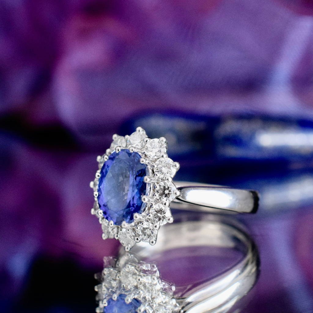 Modern Australian Made 18ct White Gold Tanzanite And Diamond Halo Ring Independent Insurance Replacement Valuation Included For 9,500 AUD