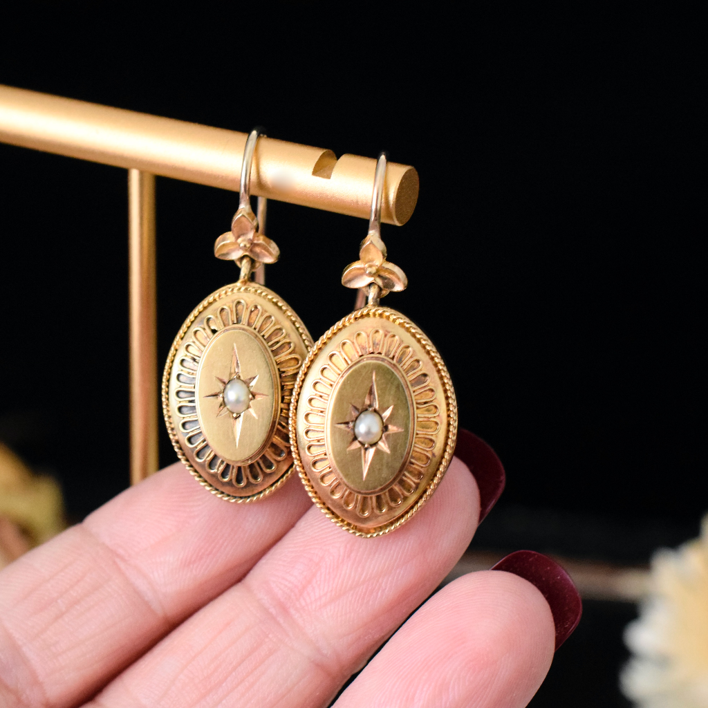 Antique Victorian Etruscan Revival 18ct (And 9ct) Gold And Pearl Earrings Circa 1870
