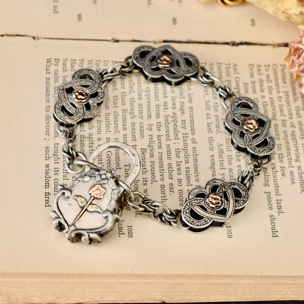 Vintage Victorian Style Sterling Silver And 9ct Rose Gold Bracelet