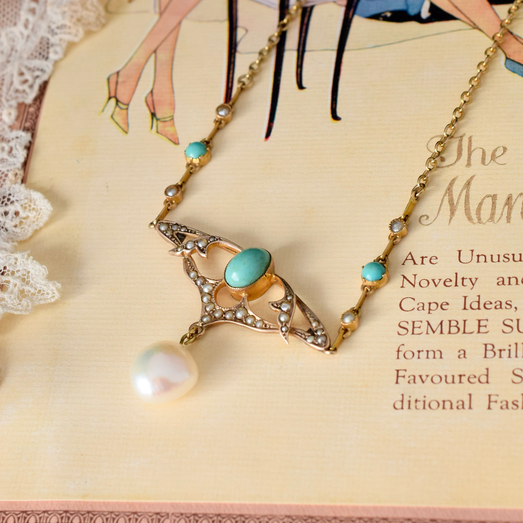 Antique Art Nouveau 15ct And 9ct Turquoise And Pearl Pendant Necklace - Birmingham 1909