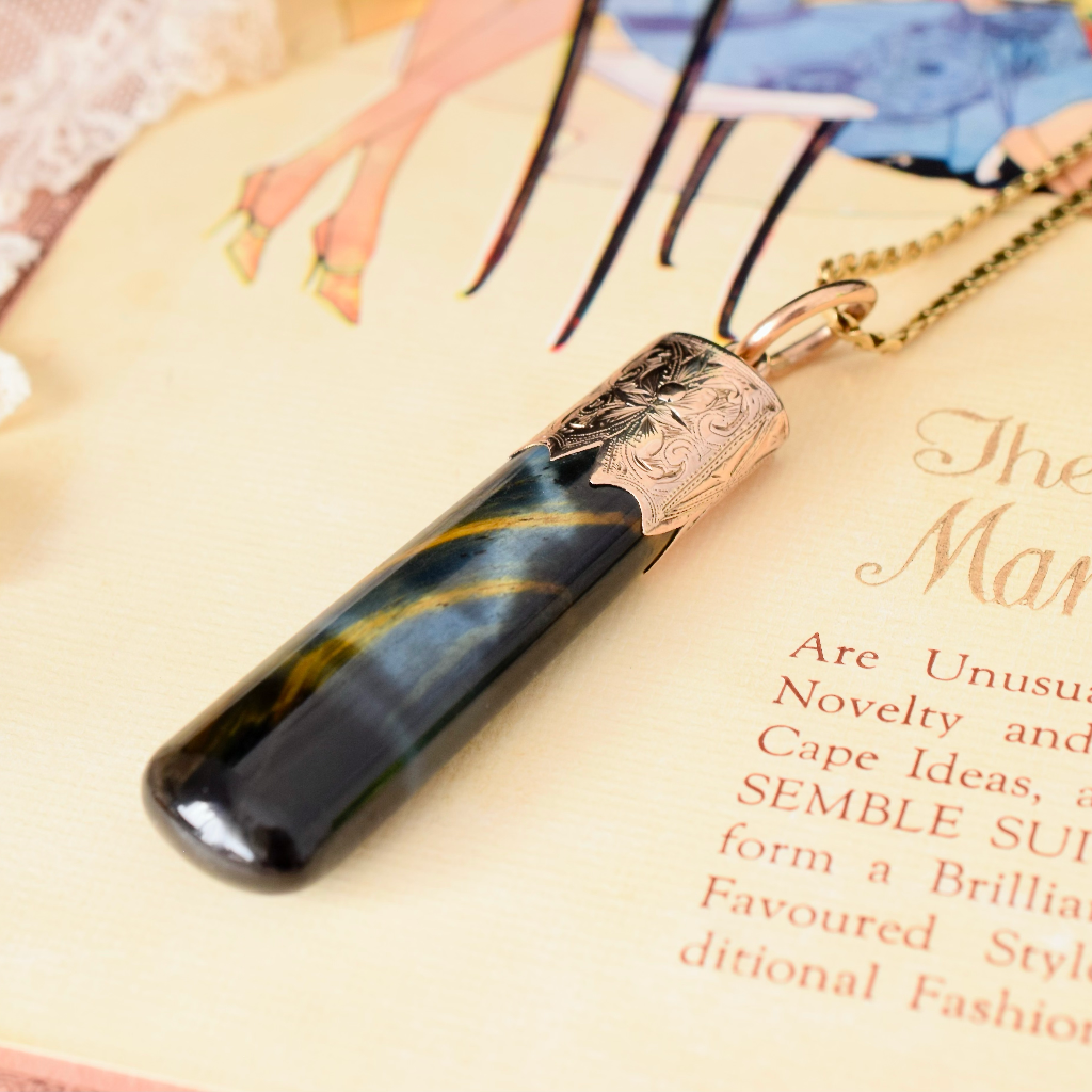 Antique 9ct Rose Gold Hawkes Eye (Blue Tigers Eye) Large Fob Pendant Circa 1900