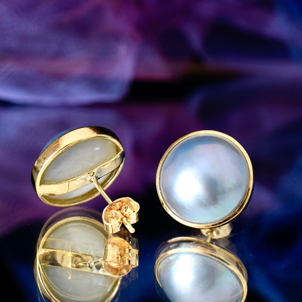 Modern 18ct Yellow Gold Large Mabe Pearl Earrings