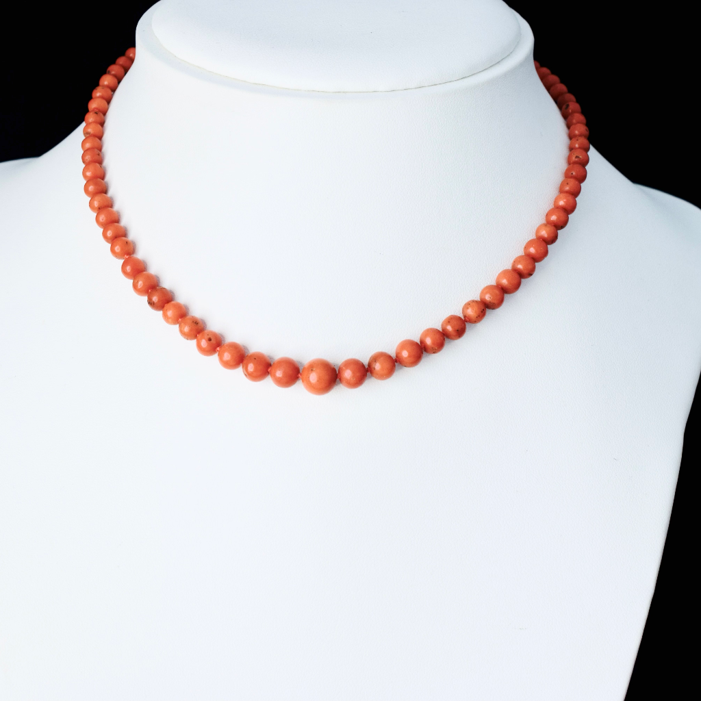 Antique Victorian 9ct And Red Salmon Coral Graduated Bead Necklace Circa 1880
