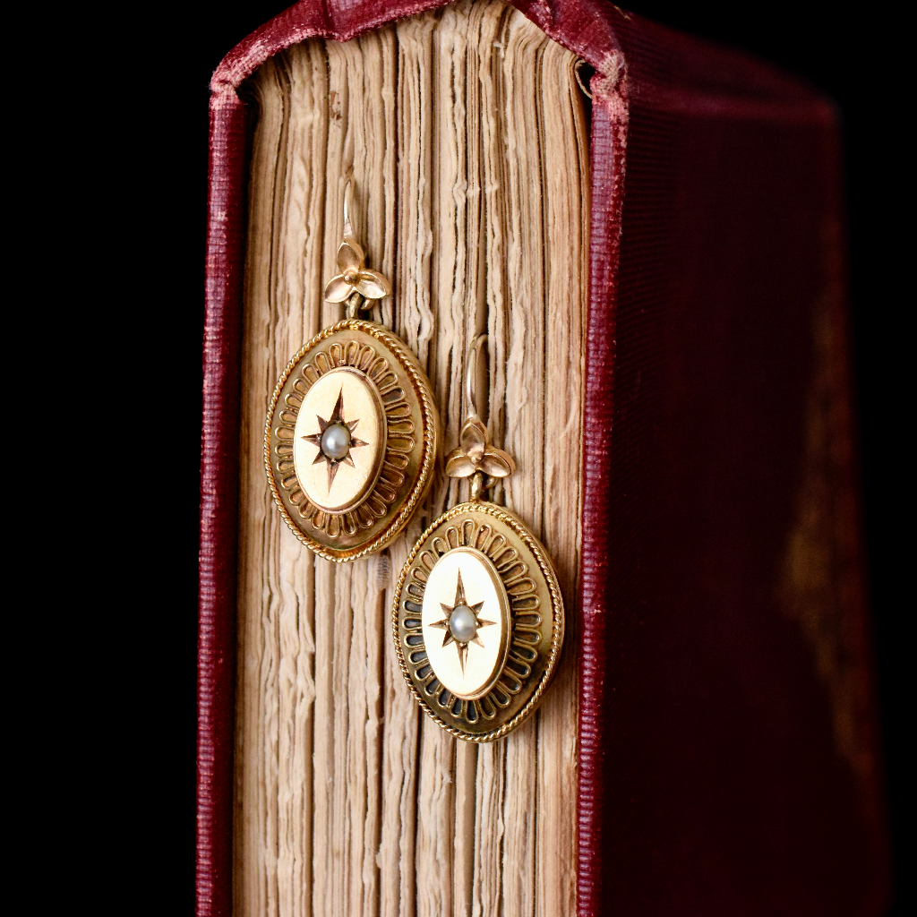 Antique Victorian Etruscan Revival 18ct (And 9ct) Gold And Pearl Earrings Circa 1870