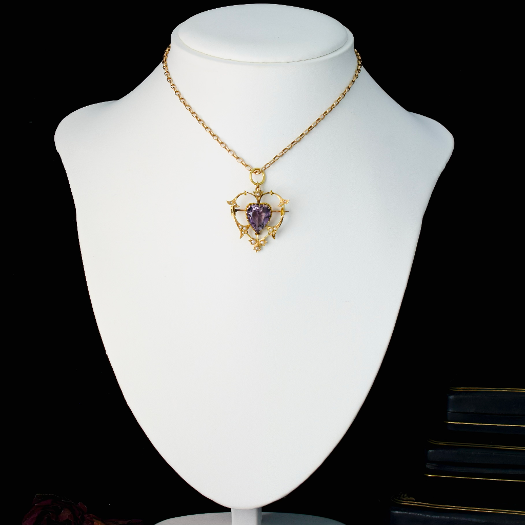 Antique Australian 15ct Yellow Gold Amethyst Heart Pendant/Brooch Circa 1910