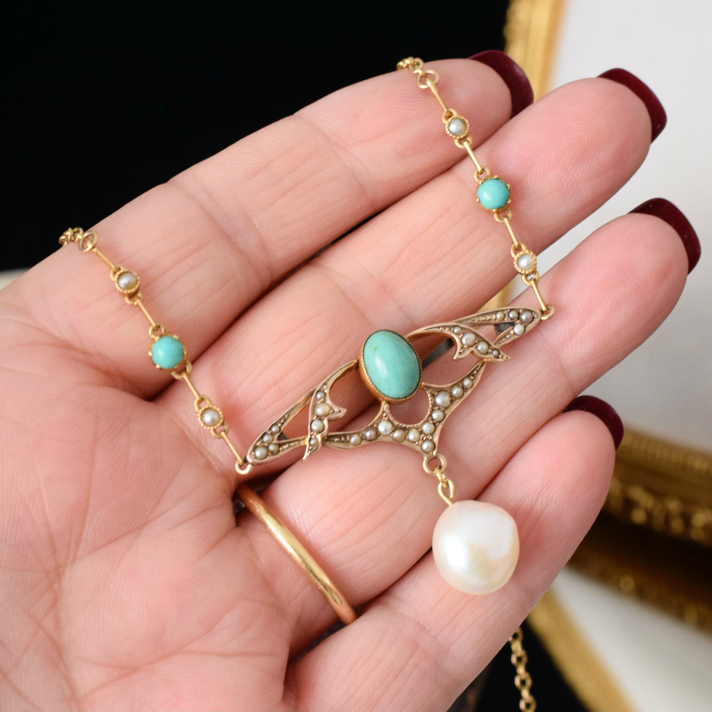 Antique Art Nouveau 15ct And 9ct Turquoise And Pearl Pendant Necklace - Birmingham 1909