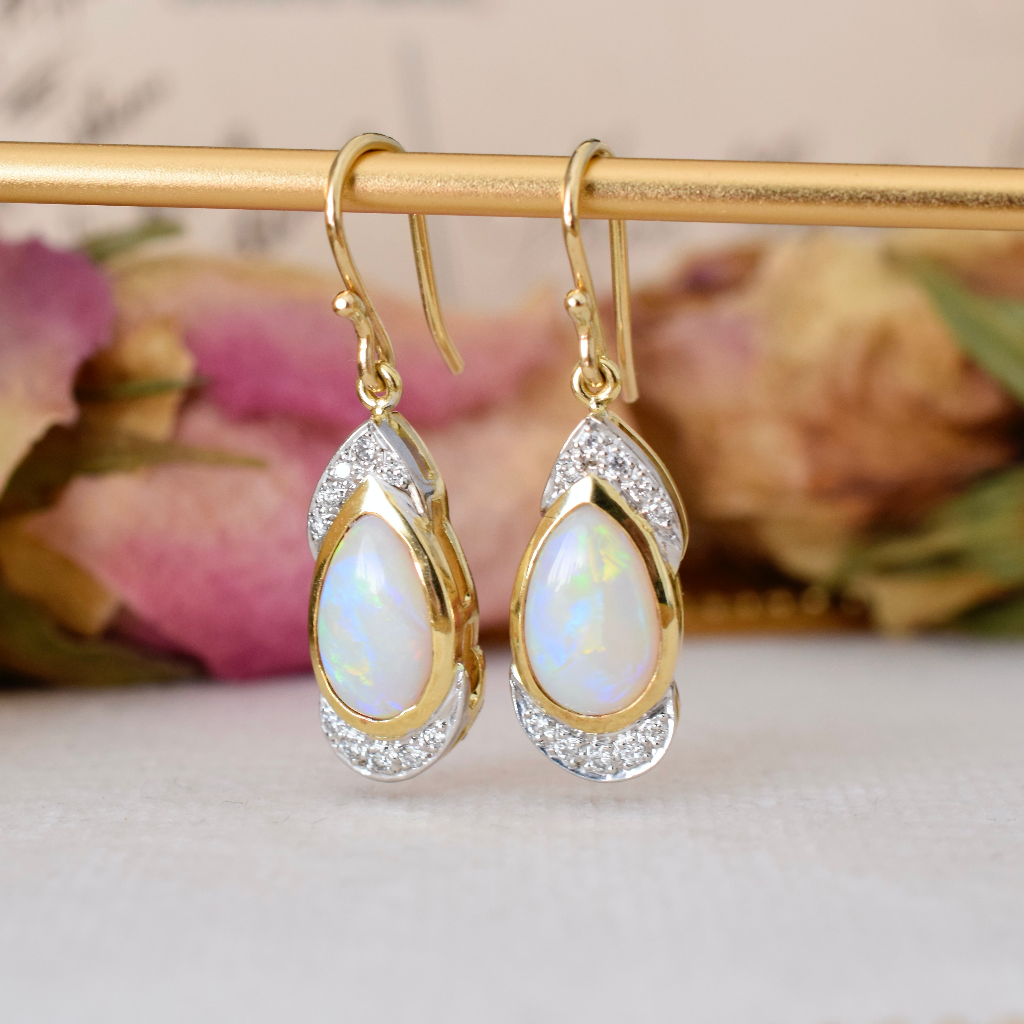 Modern 18ct Yellow Gold Solid White Crystal Opal And Diamond Earrings