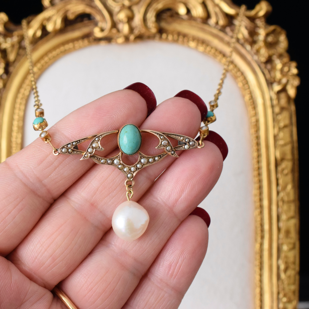 Antique Art Nouveau 15ct And 9ct Turquoise And Pearl Pendant Necklace - Birmingham 1909