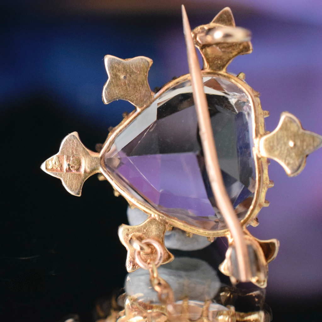 Antique Australian 9ct Gold Amethyst Heart And Pearl Brooch By H. Simonsen Pty Ltd Circa 1915