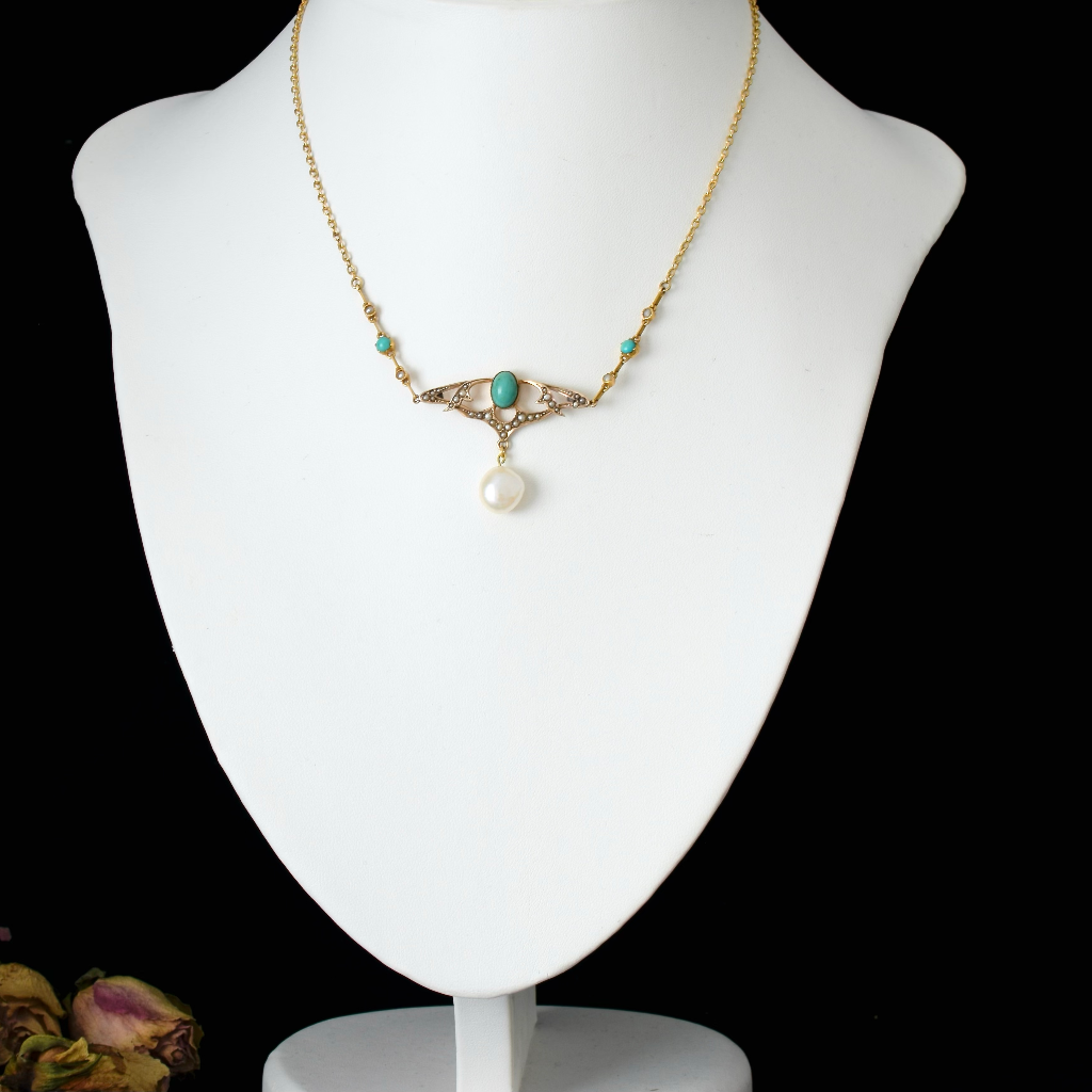 Antique Art Nouveau 15ct And 9ct Turquoise And Pearl Pendant Necklace - Birmingham 1909