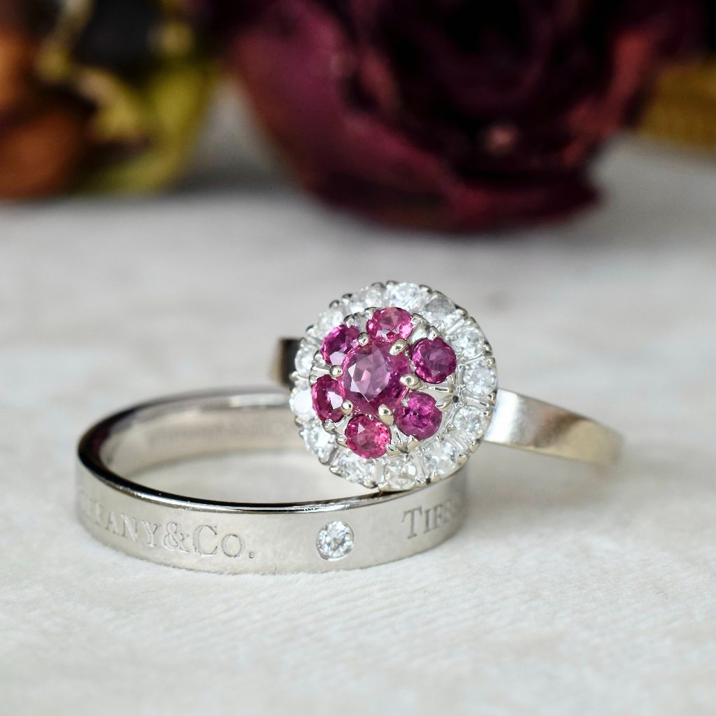 Modern 14ct White Gold Ruby And Diamond Halo Cluster Ring Independent Valuation Included For $4,000 AUD