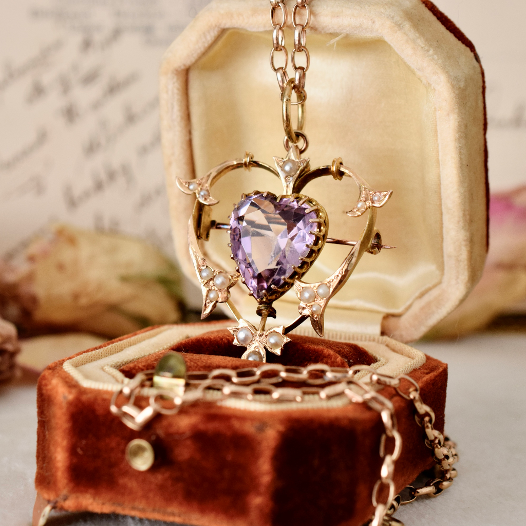 Antique Australian 15ct Yellow Gold Amethyst Heart Pendant/Brooch Circa 1910