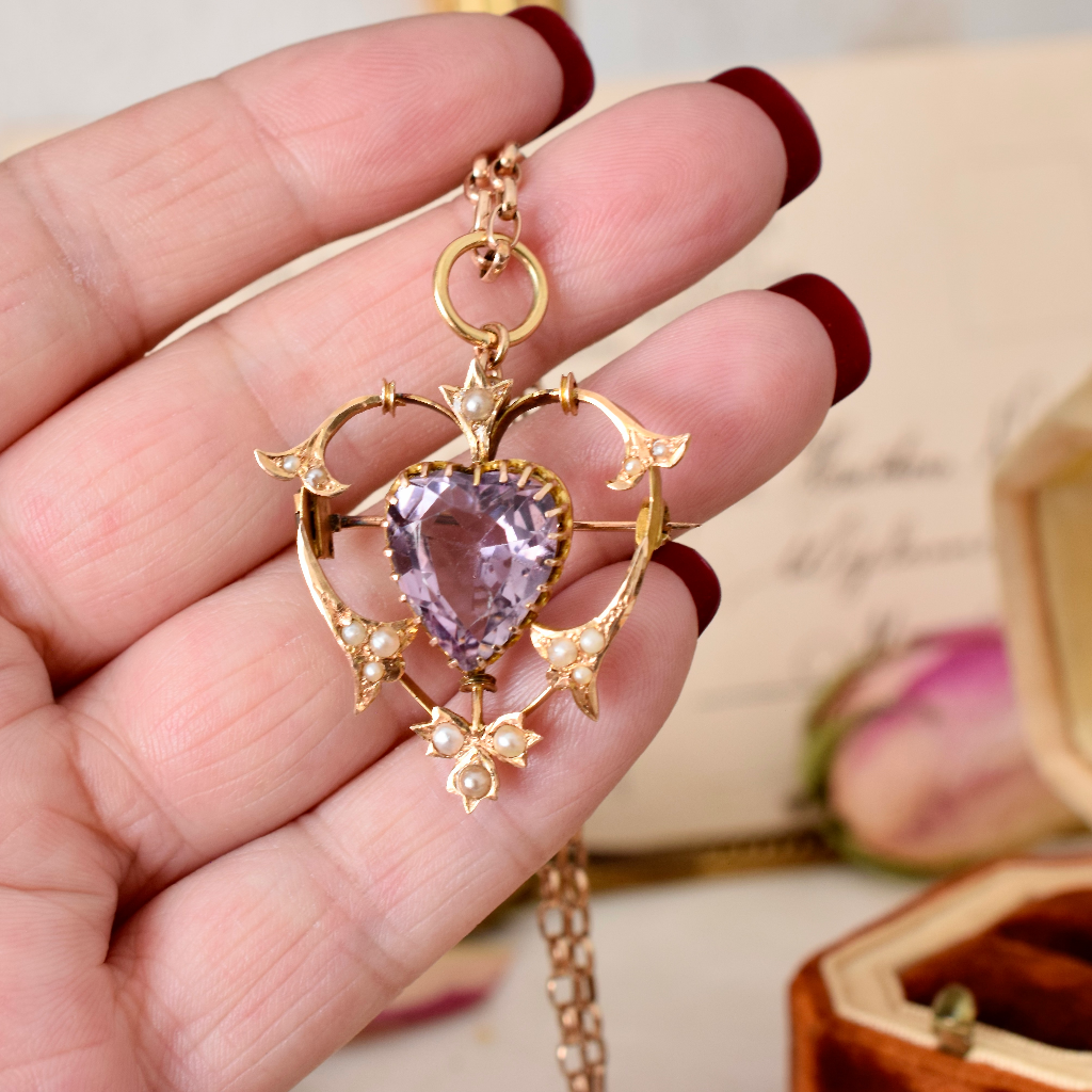 Antique Australian 15ct Yellow Gold Amethyst Heart Pendant/Brooch Circa 1910