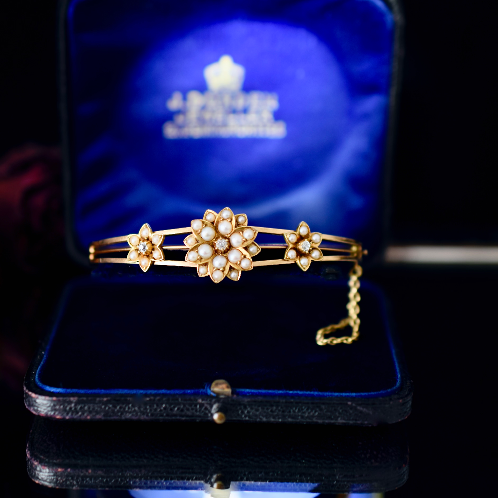 Antique Edwardian 15ct Rose Gold Pearl And Diamond Bangle Circa 1905