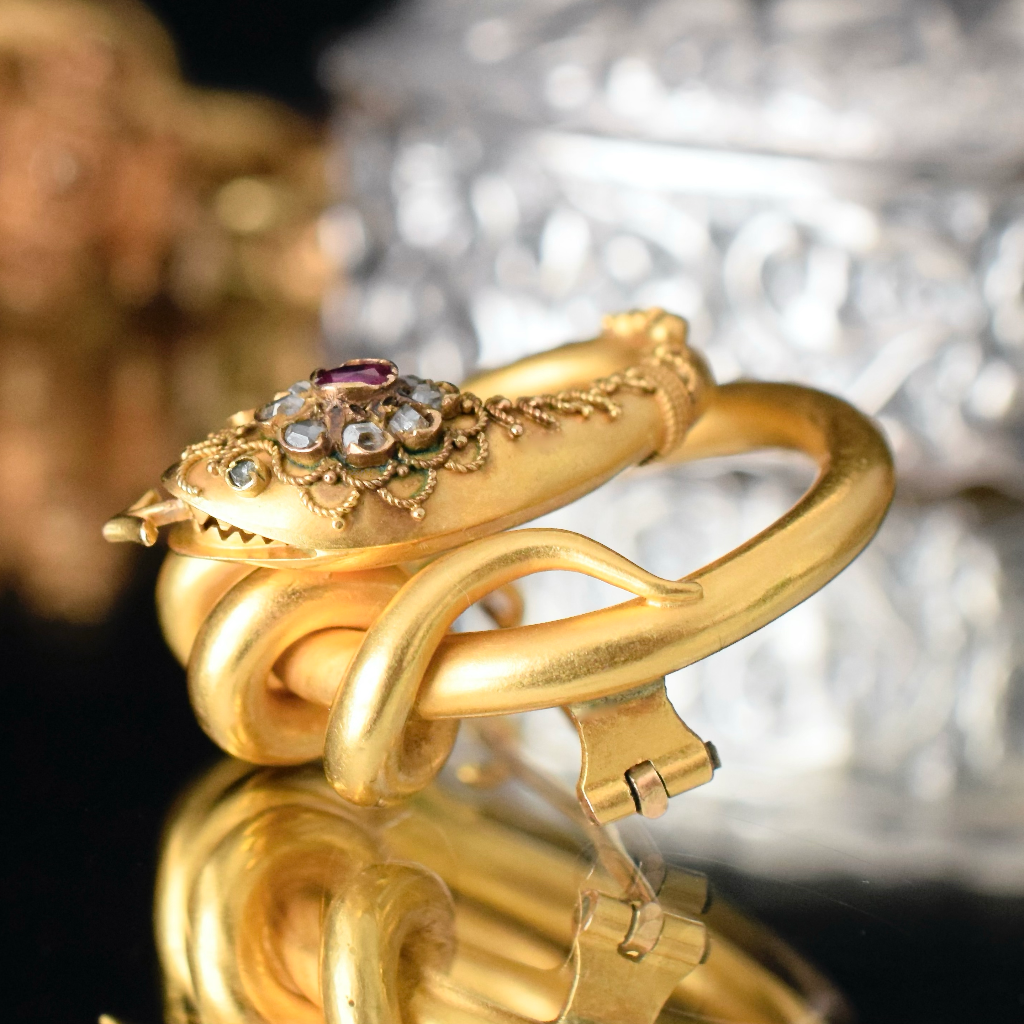 Antique Victorian 22ct Yellow Gold Ruby And Diamond Serpent Brooch Circa 1880