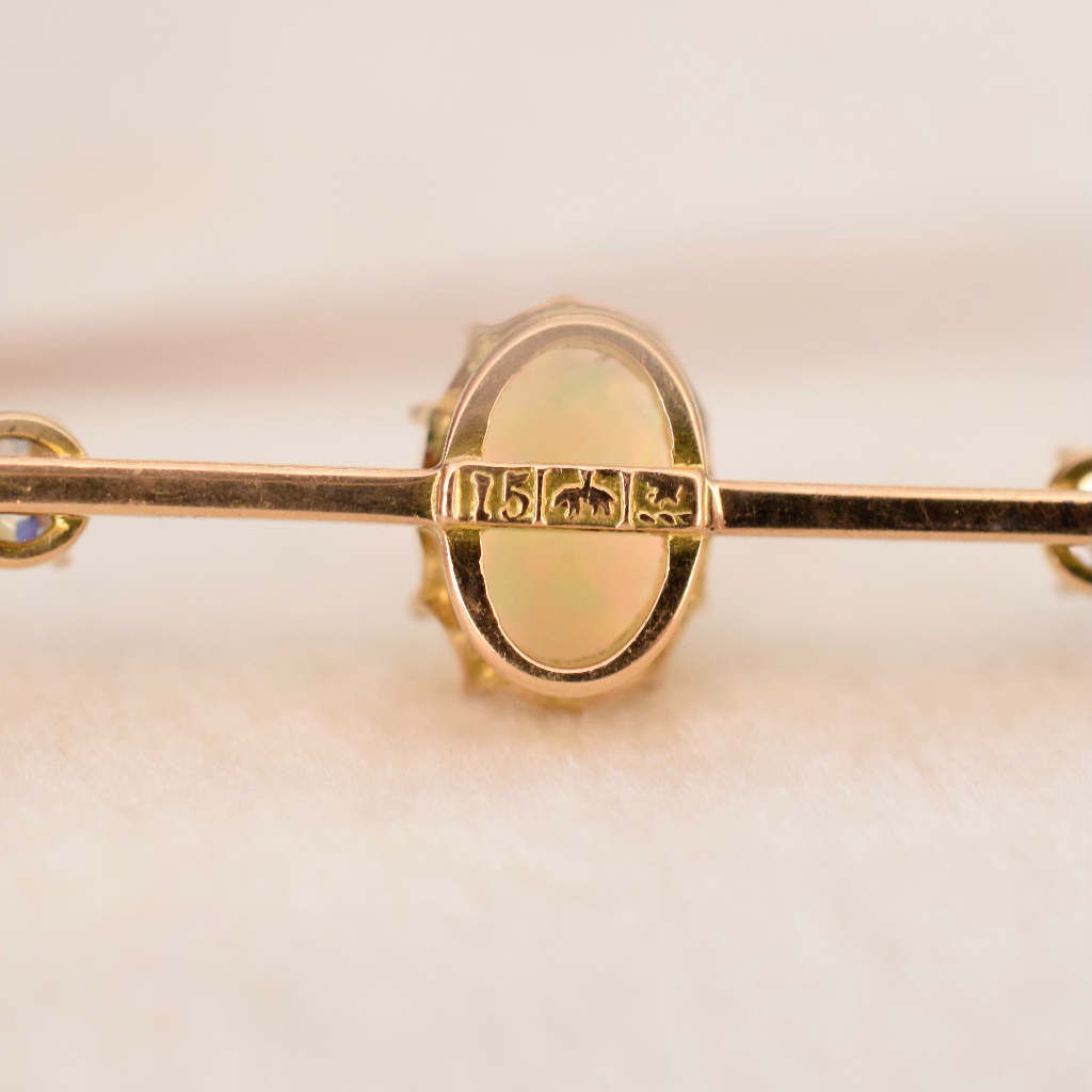 Antique Australian 15ct Yellow Gold Opal And Diamond Bar Brooch Circa 1910