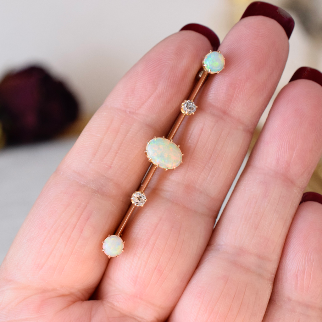 Antique Australian 15ct Yellow Gold Opal And Diamond Bar Brooch Circa 1910