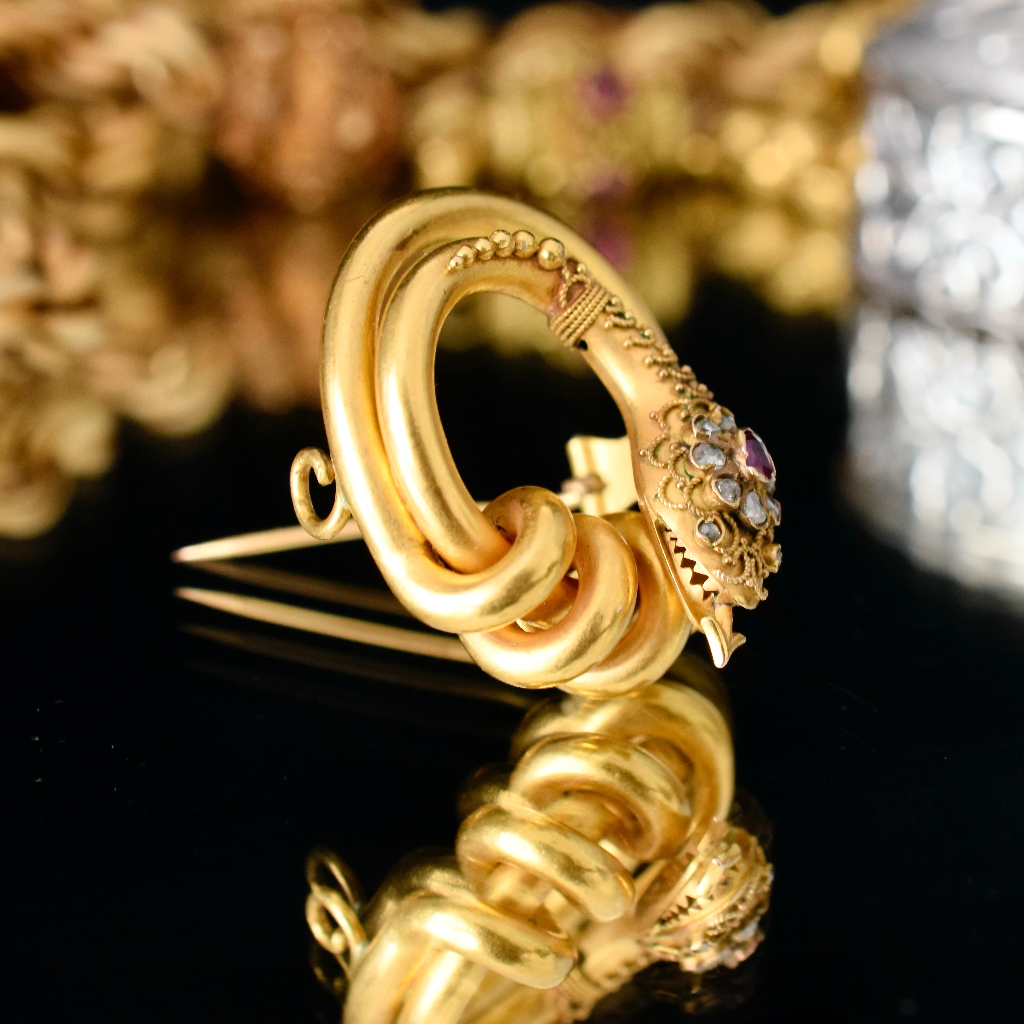 Antique Victorian 22ct Yellow Gold Ruby And Diamond Serpent Brooch Circa 1880
