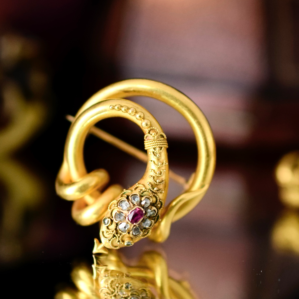 Antique Victorian 22ct Yellow Gold Ruby And Diamond Serpent Brooch Circa 1880