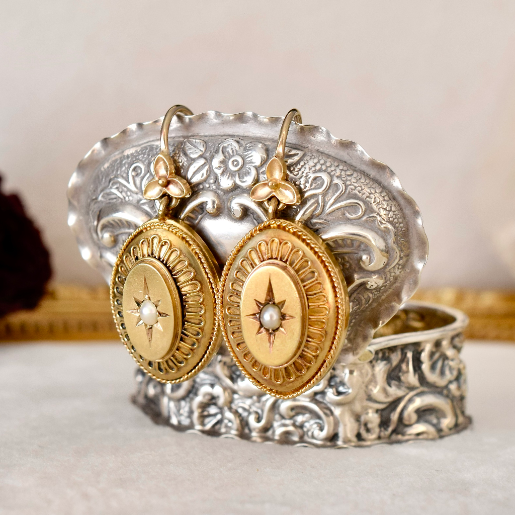 Antique Victorian Etruscan Revival 18ct (And 9ct) Gold And Pearl Earrings Circa 1870