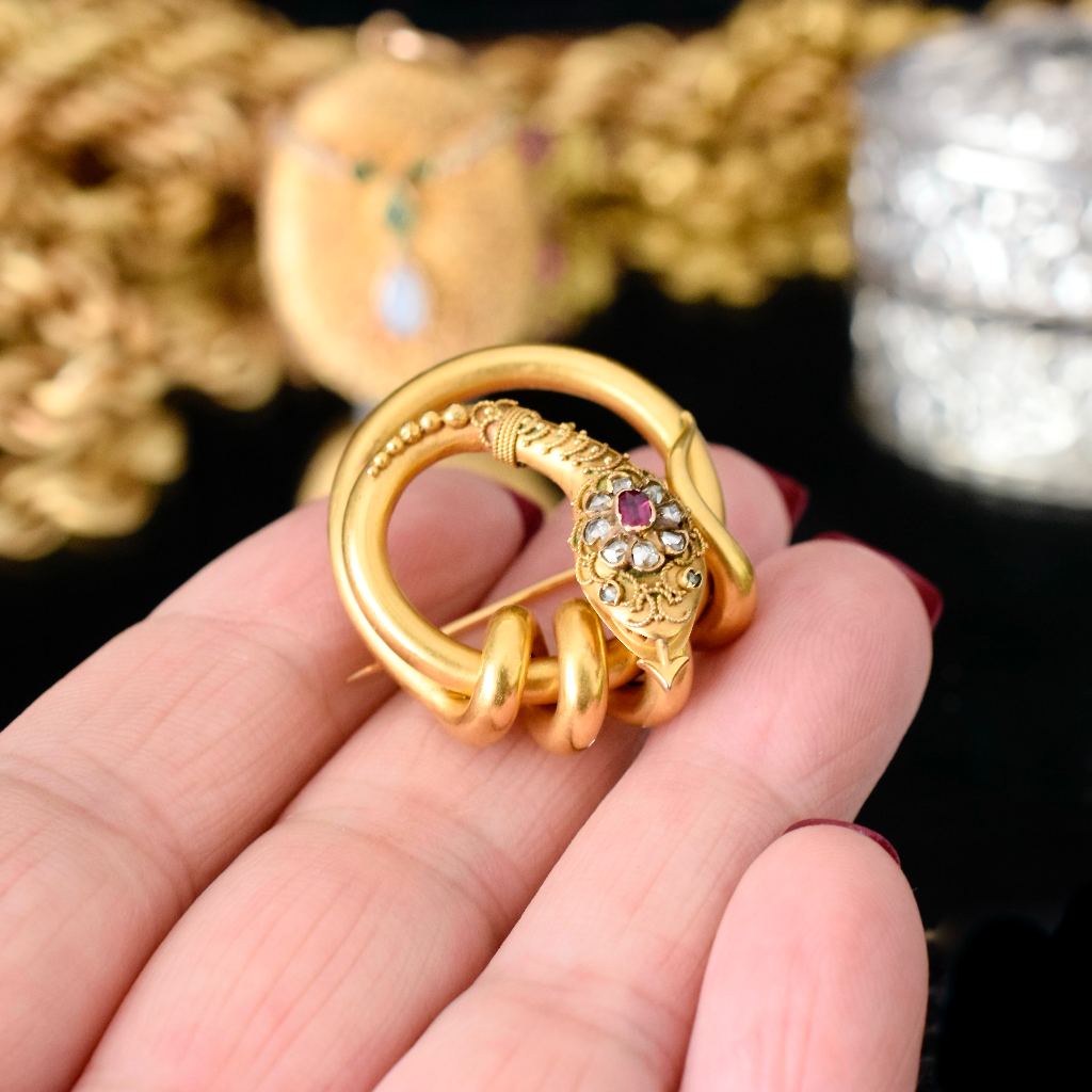 Antique Victorian 22ct Yellow Gold Ruby And Diamond Serpent Brooch Circa 1880