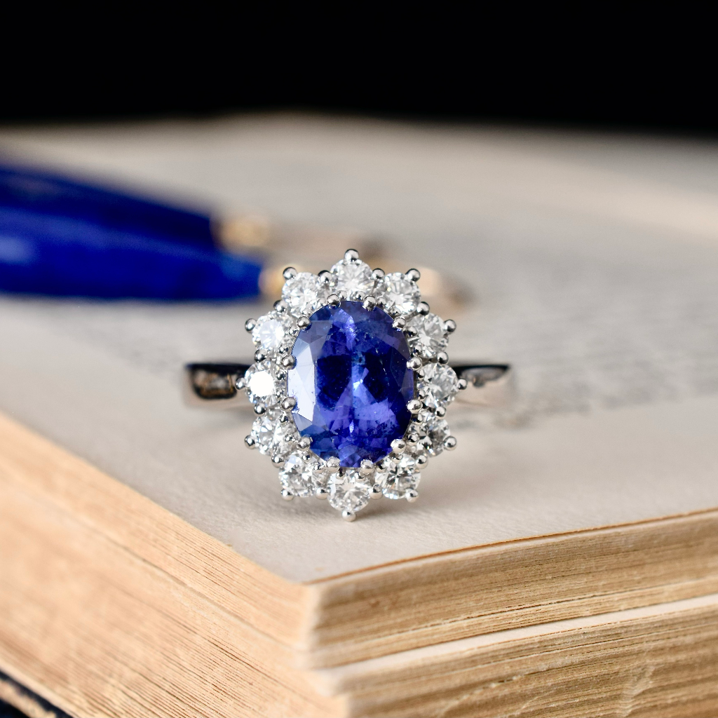 Modern Australian Made 18ct White Gold Tanzanite And Diamond Halo Ring Independent Insurance Replacement Valuation Included For 9,500 AUD