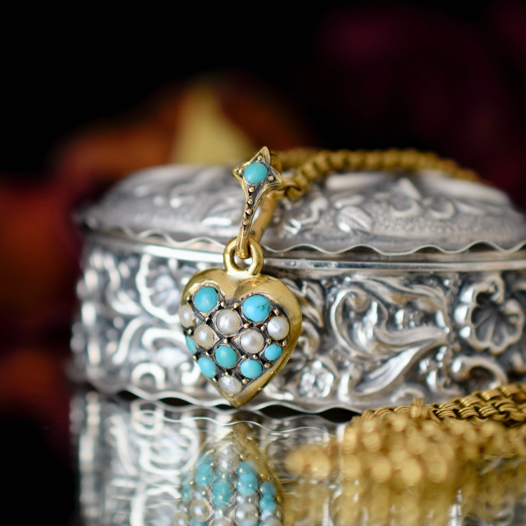 Antique Edwardian Silver/Gold Washed Turquoise And Pearl Heart Pendant Circa 1910