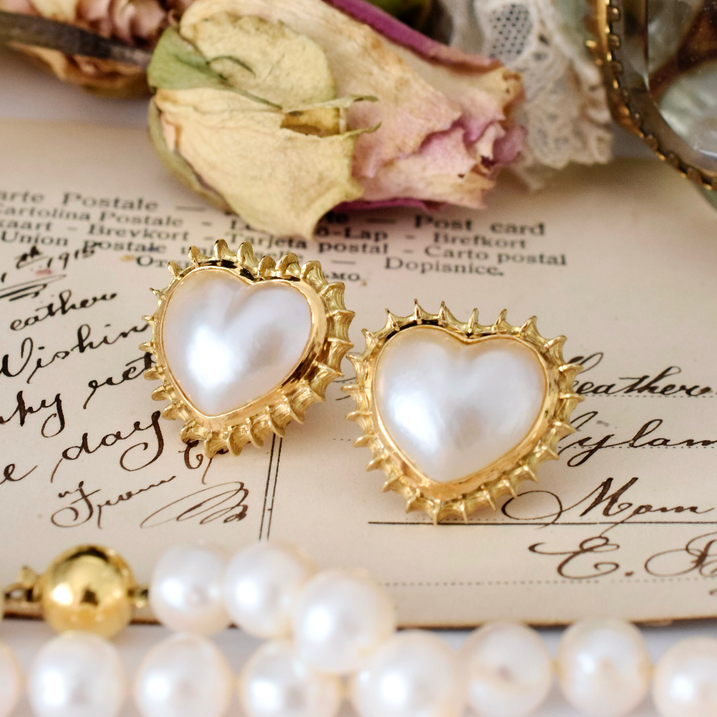 Modern 18ct Yellow Gold ‘Heart’ Cut Mabe Pearl Earrings