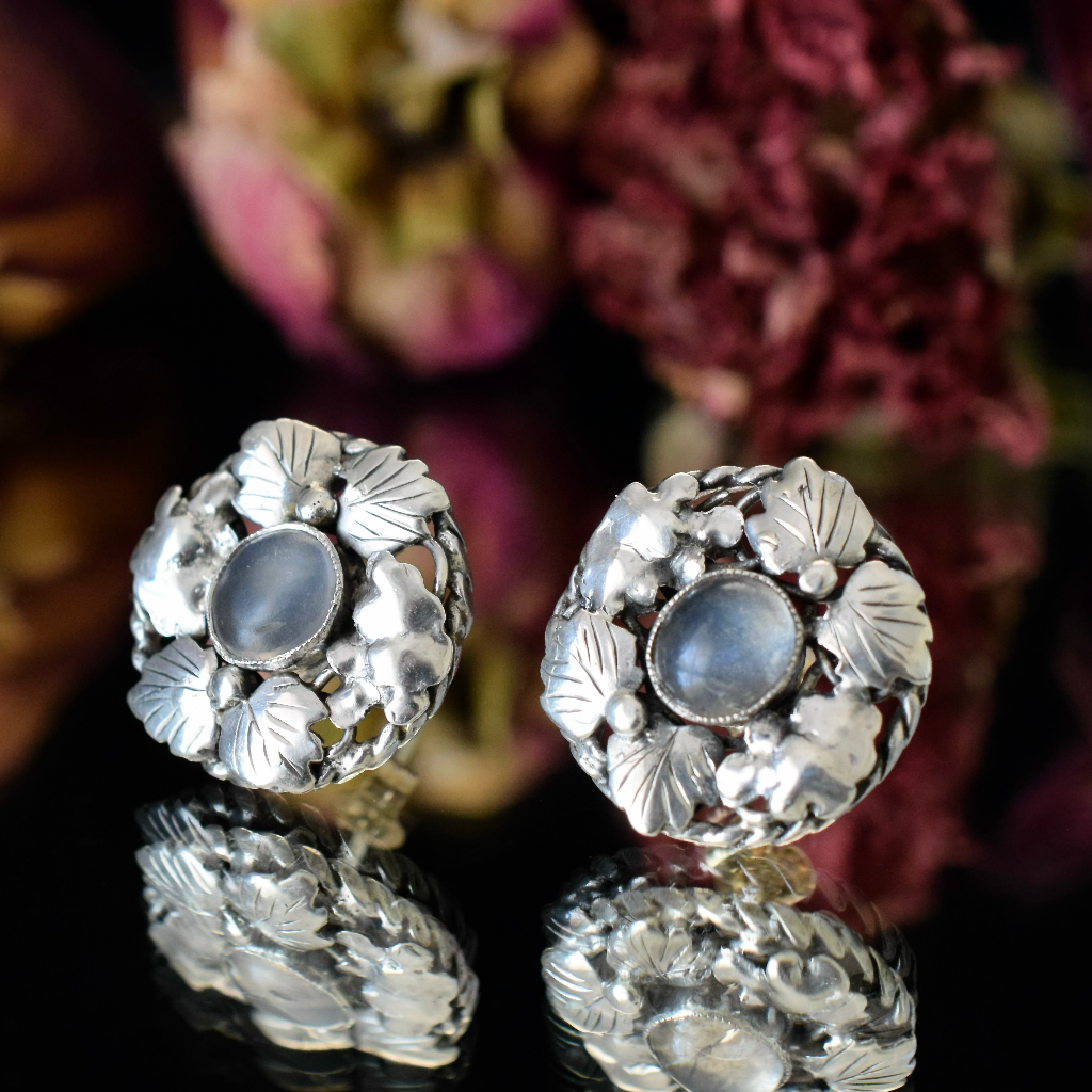 Vintage **Arts & Crafts Sterling Silver And Moonstone Earrings - Possibly By Dorothy Wager
