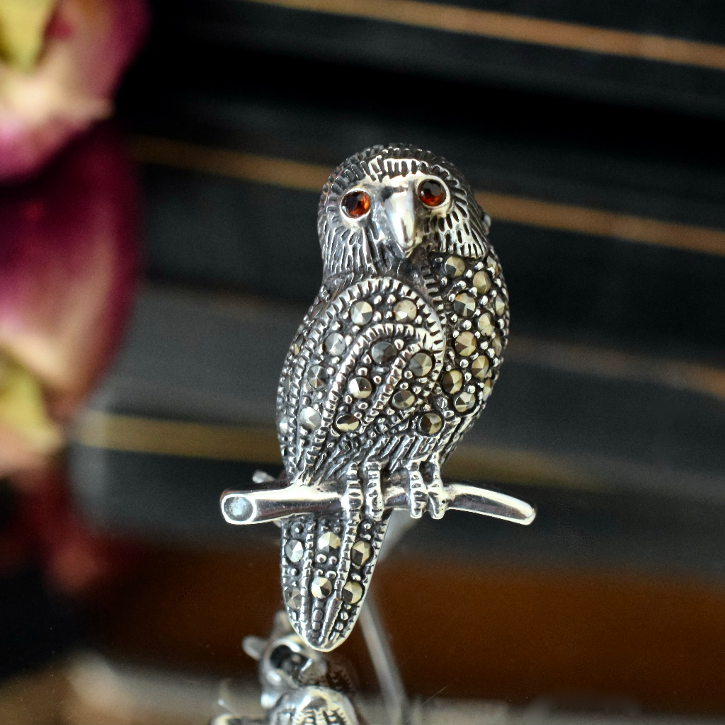 Vintage Sterling Silver Marcasite Owl Brooch