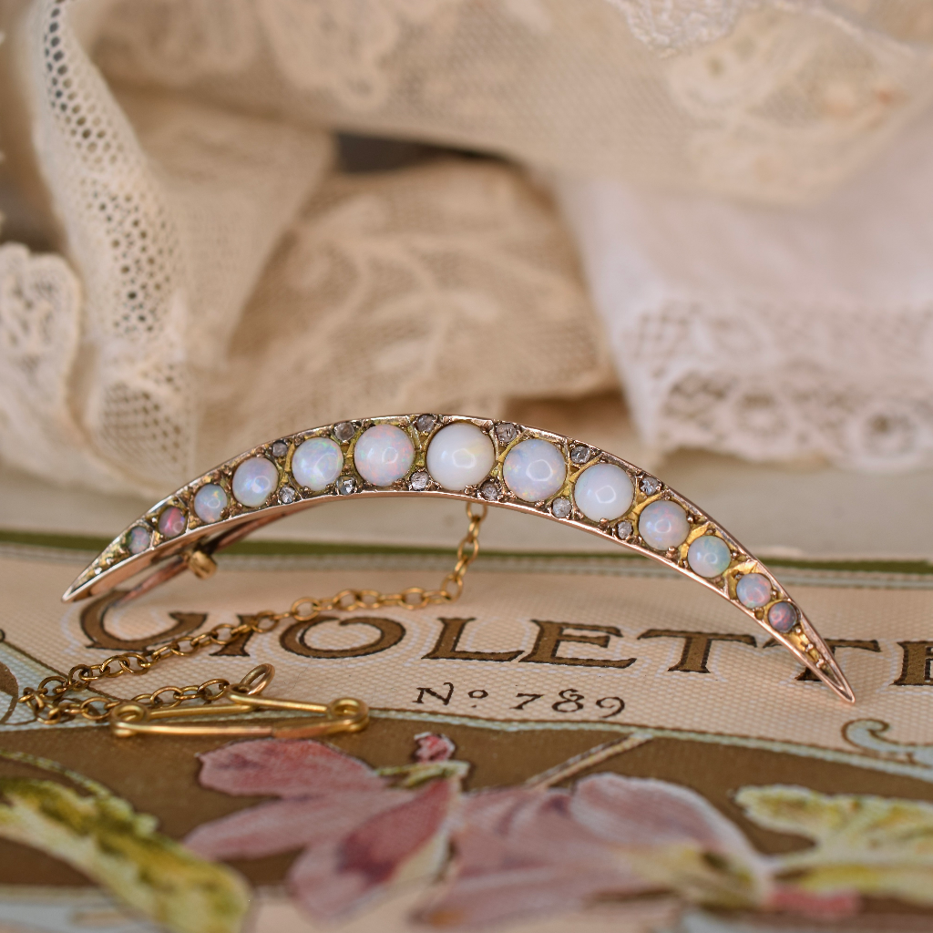 Antique Edwardian 9ct Rose Gold Opal And Diamond Half Crescent Brooch Circa 1910