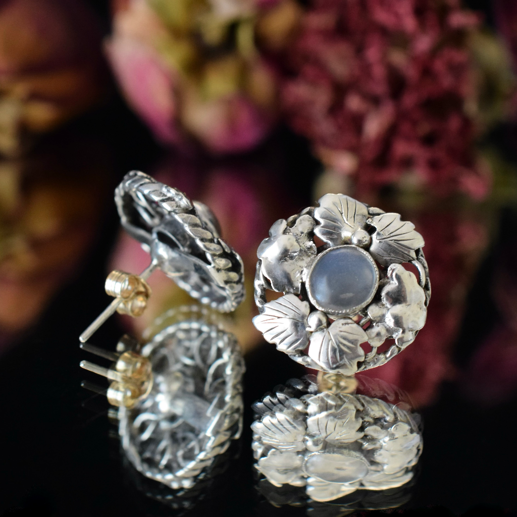 Vintage **Arts & Crafts Sterling Silver And Moonstone Earrings - Possibly By Dorothy Wager