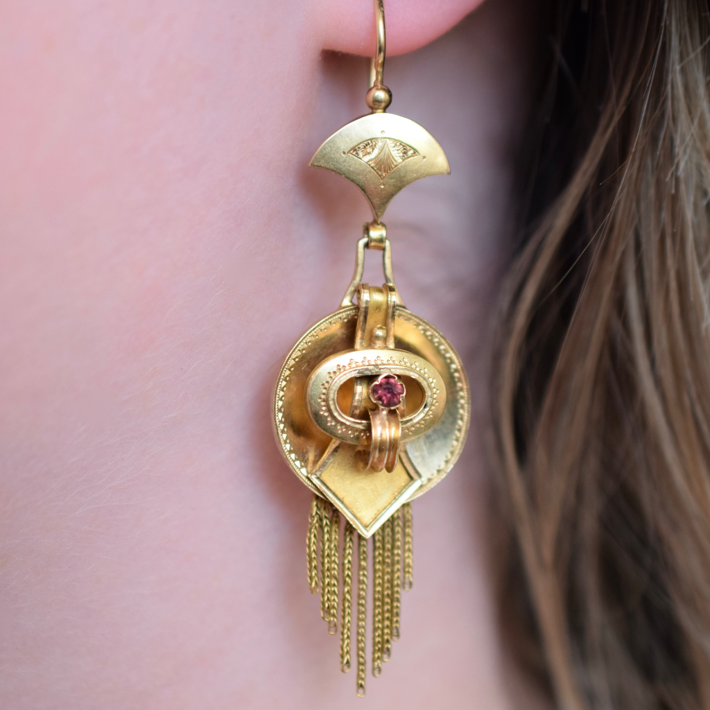 Antique Victorian 18ct Yellow Gold Garnet Fringe Earrings Circa 1880