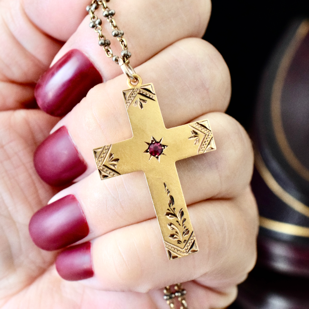 Antique Australian 9ct Gold And Garnet Crucifix By (Robert) Rollason And Co. Ltd Circa 1910