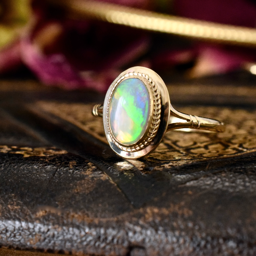 Vintage 9ct Yellow Gold And Solid White Opal Ring - Birmingham 1983