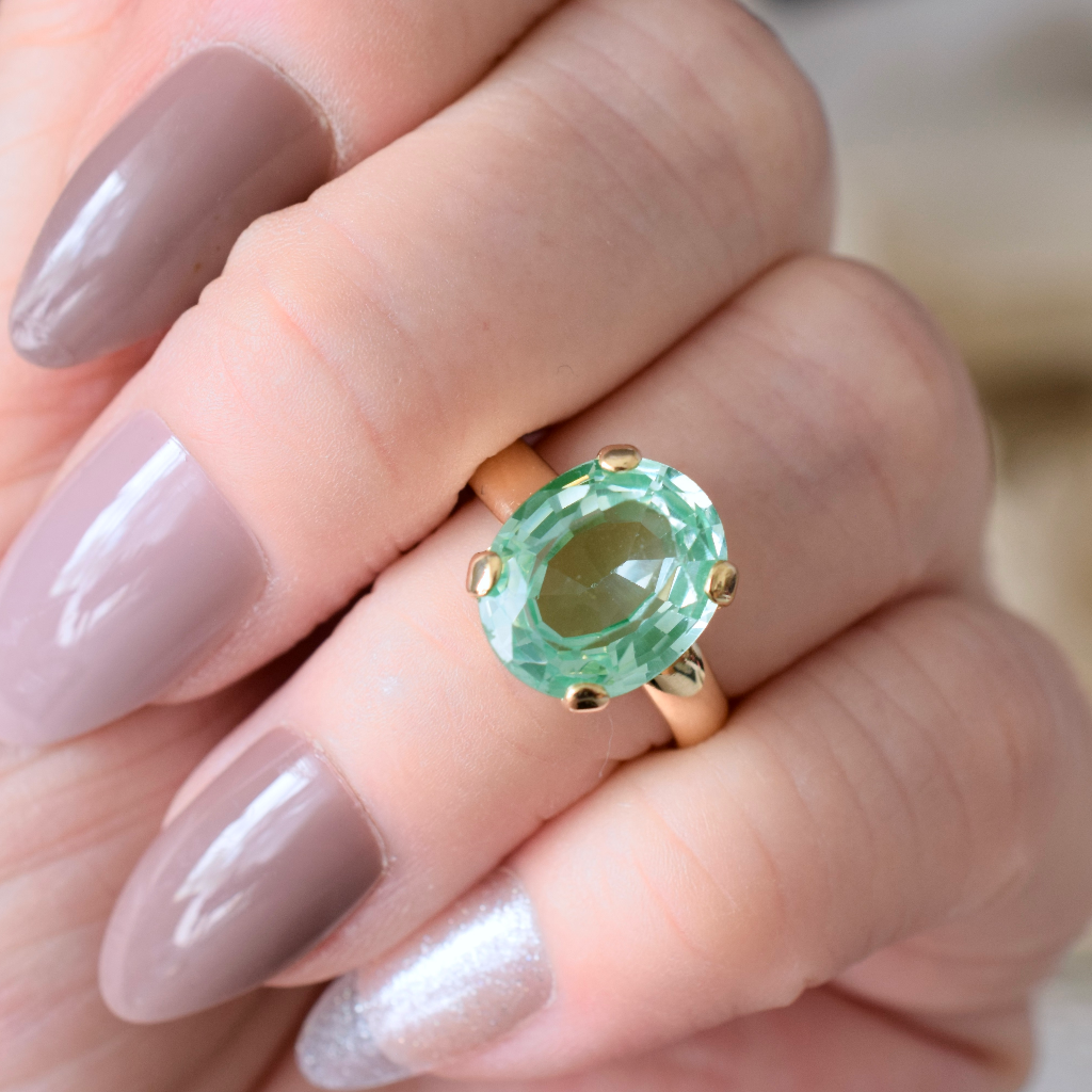 Vintage 9ct Yellow Gold Faceted Oval ‘Uranium’ Glass Ring