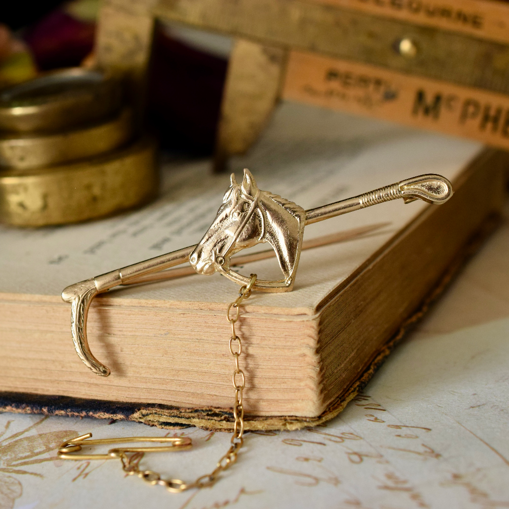 Vintage Australian 9ct Yellow Gold ‘Horse and Crop’ Bar Brooch By ‘Rodd’ Circa 1950