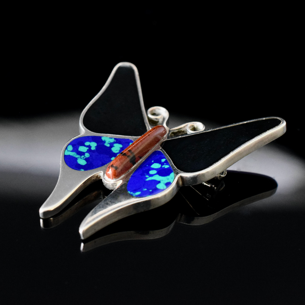 Mexican 950 Silver Azurite And Onyx Butterfly Brooch
