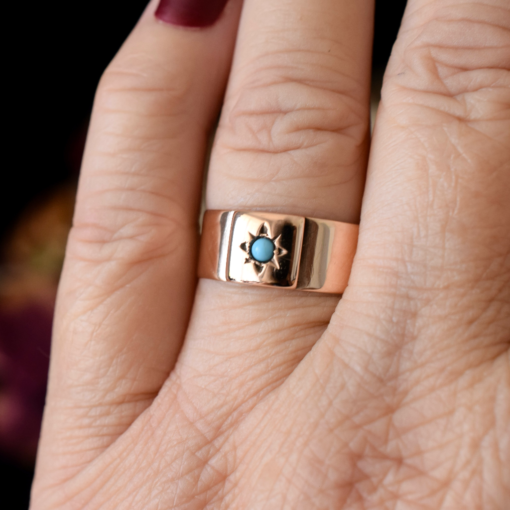 Antique Australian Edwardian 9ct Rose Gold And Turquoise Ring By Willis and Sons Circa 1910