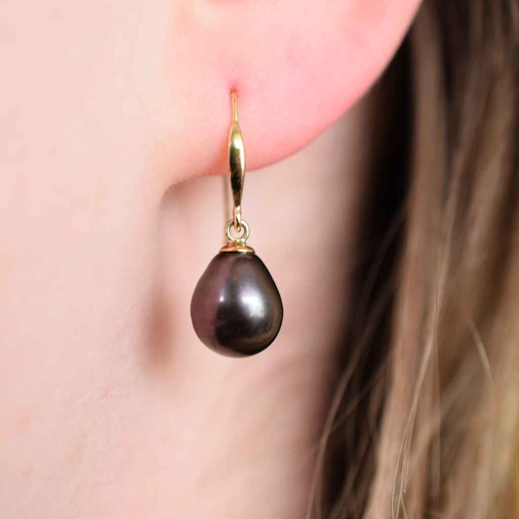 Modern 9ct Yellow Gold Baroque Tahitian Pearl Drop Earrings