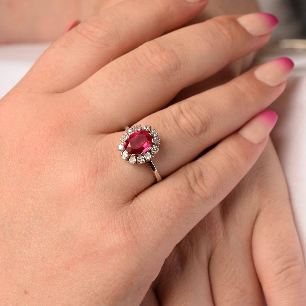 Vintage 18ct White Gold Diamond And Lab Ruby Cluster Ring