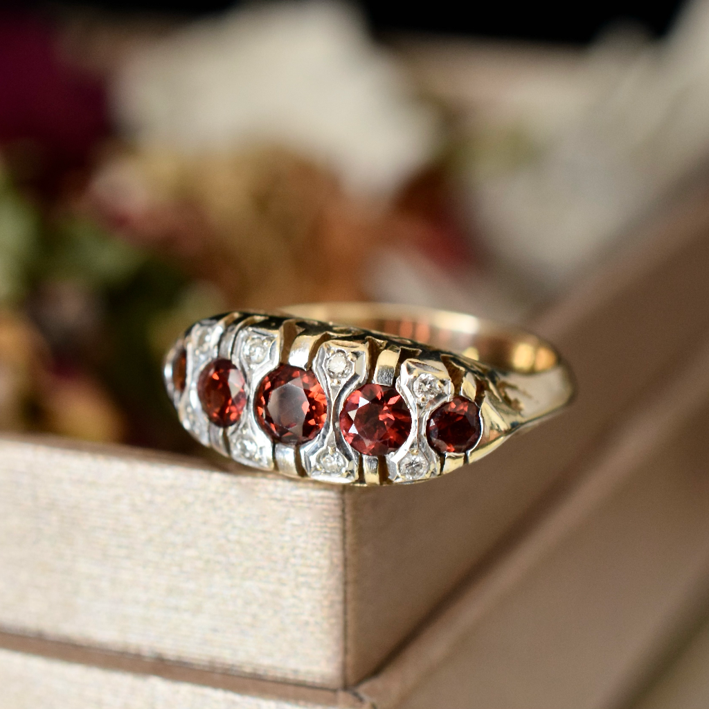 Modern 9ct Yellow Gold Five Stone Garnet And Diamond Ring