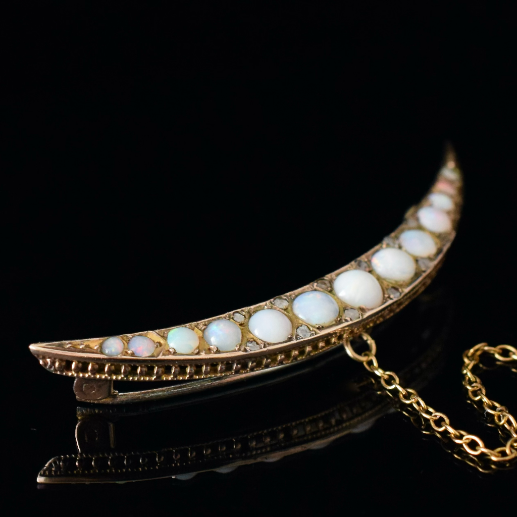Antique Edwardian 9ct Rose Gold Opal And Diamond Half Crescent Brooch Circa 1910