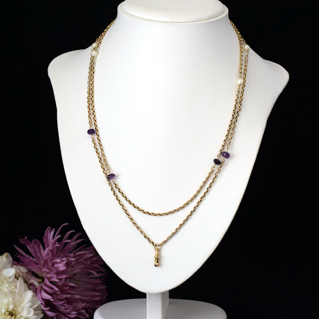 Antique Late Victorian / Edwardian 9ct Rose Gold Amethyst And Pearl Long Guard Chain Circa 1900